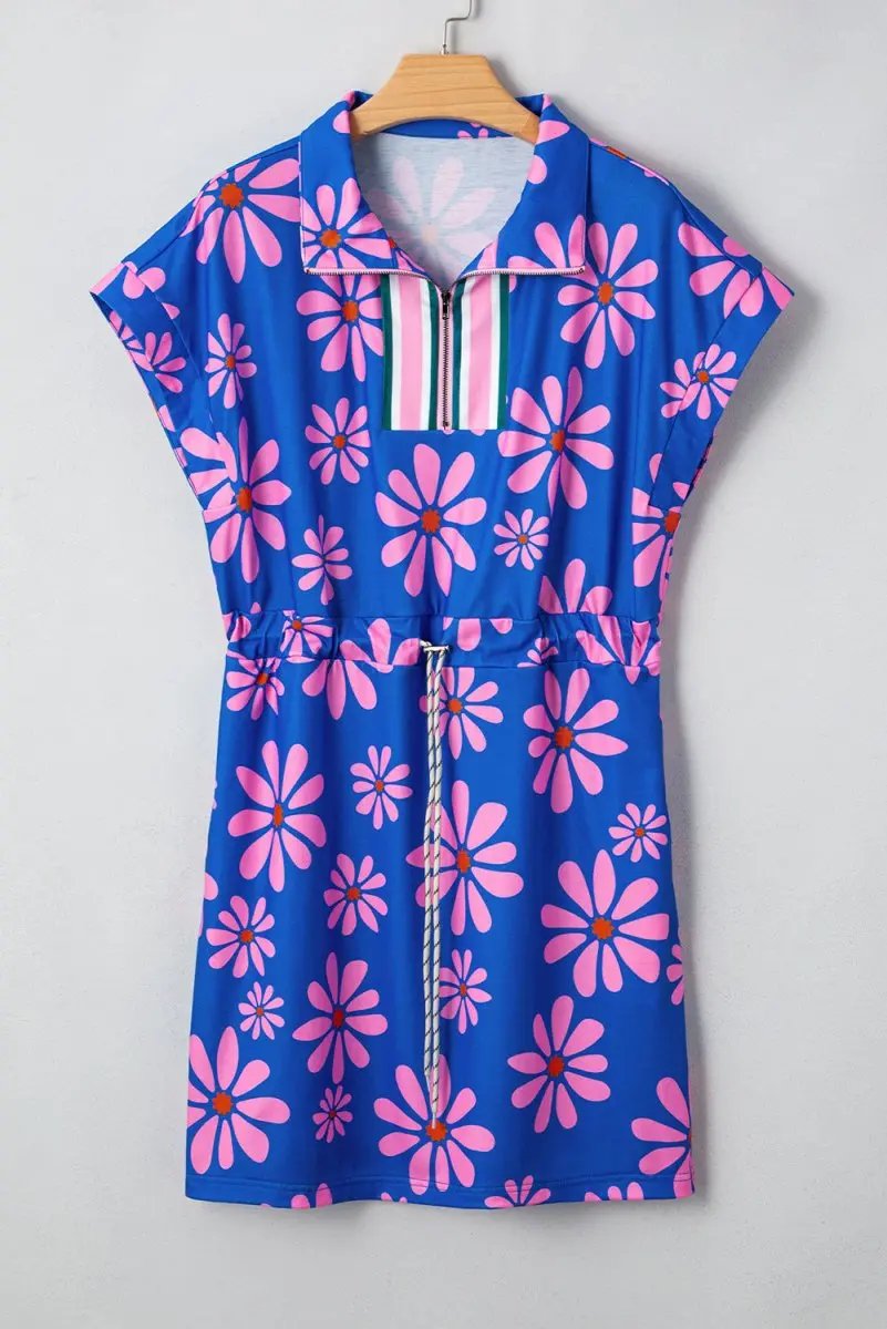 Mini Dress - Floral Quarter Zip - Summer Casual Drawstring Waist