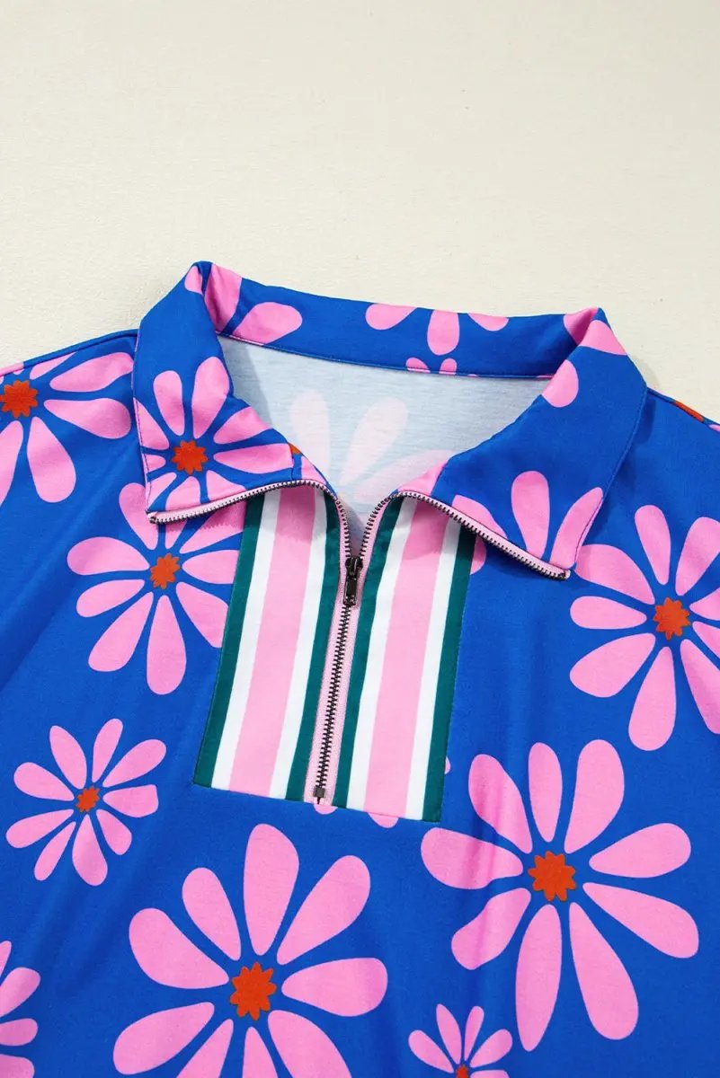 Mini Dress - Floral Quarter Zip - Summer Casual Drawstring Waist