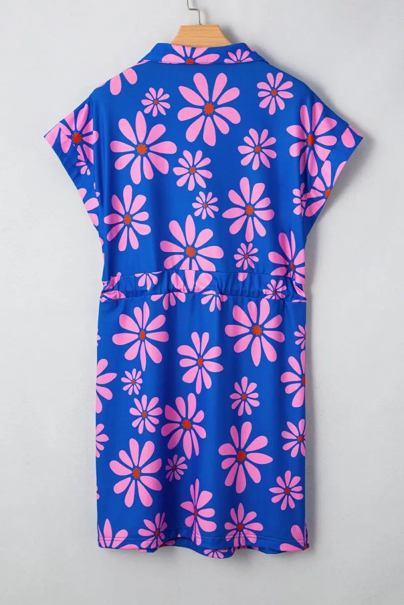 Mini Dress - Floral Quarter Zip - Summer Casual Drawstring Waist