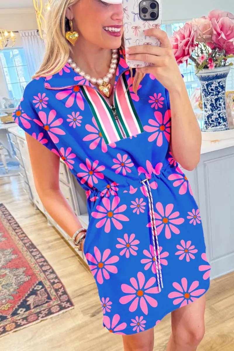 Mini Dress - Floral Quarter Zip - Summer Casual Drawstring Waist