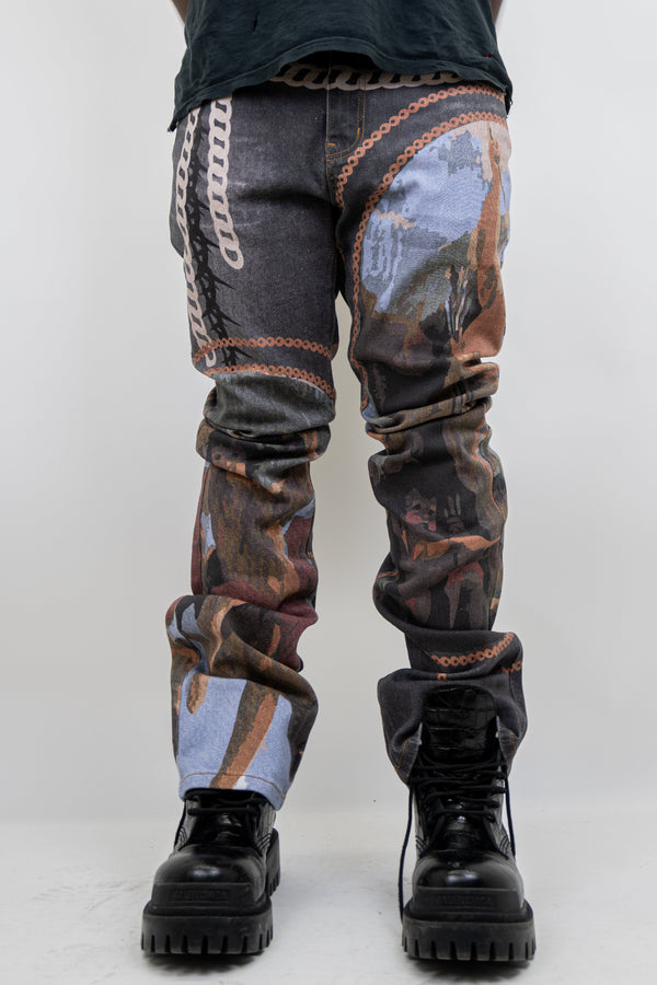 RM202SK - Graphic Printed Stacked Jeans