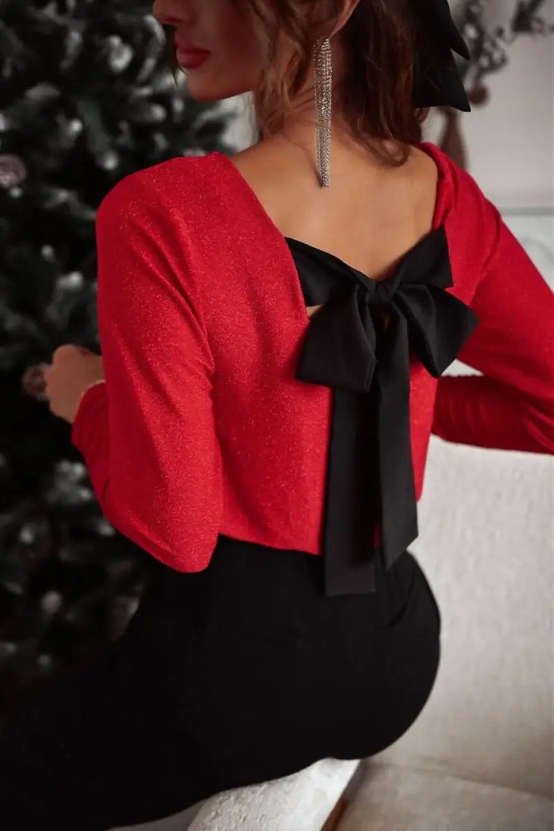 Women's Top - Red Bowknot Open Back V Neck - Elegant Night Out