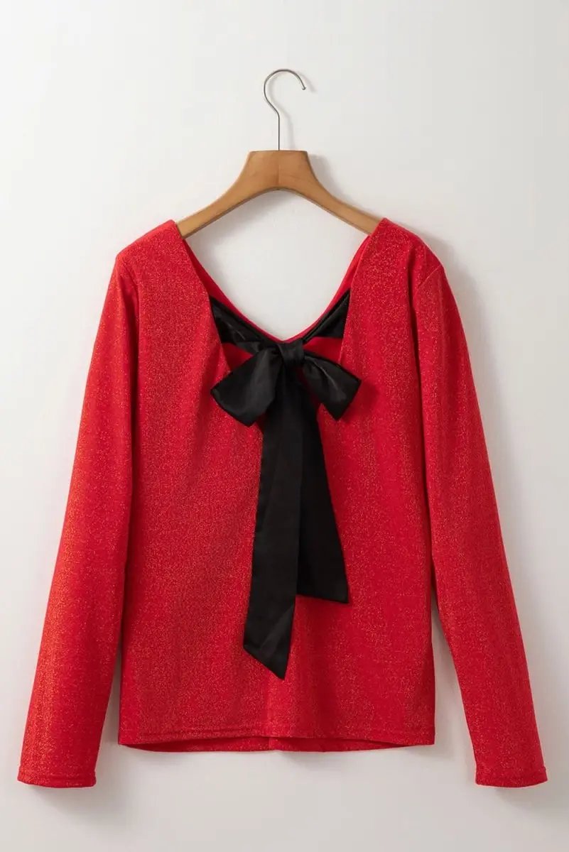 Women's Top - Red Bowknot Open Back V Neck - Elegant Night Out
