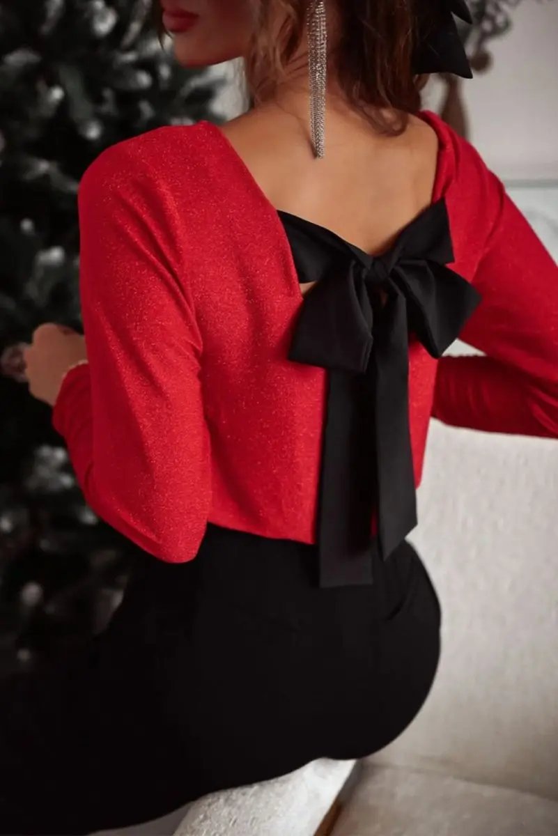 Women's Top - Red Bowknot Open Back V Neck - Elegant Night Out