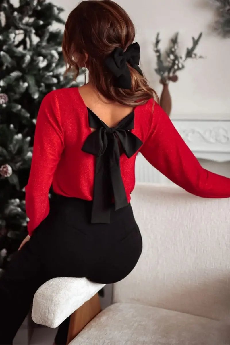 Women's Top - Red Bowknot Open Back V Neck - Elegant Night Out