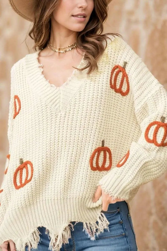 Trendsi Raw Hem Pumpkin V-Neck Women's Fall Sweater - Cozy & Trendy