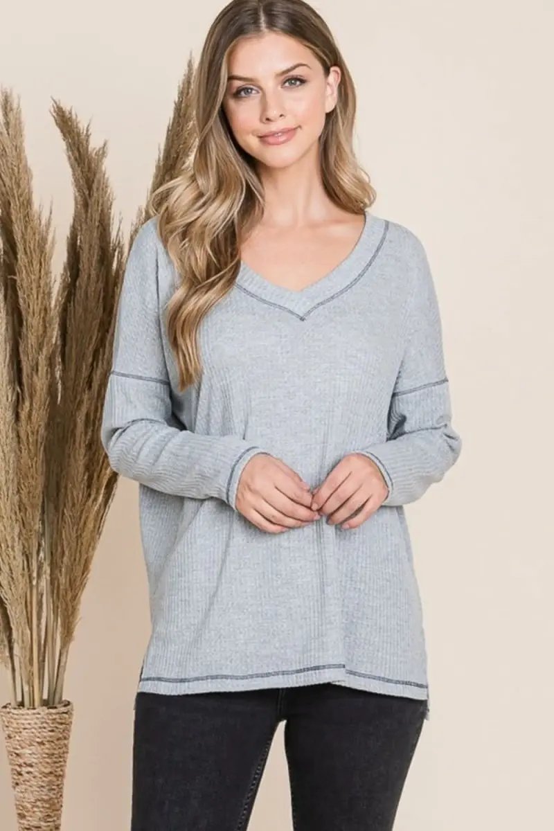 Trendsi V-Neck Long Sleeve Top Women's Basic Tee Soft & Comfy