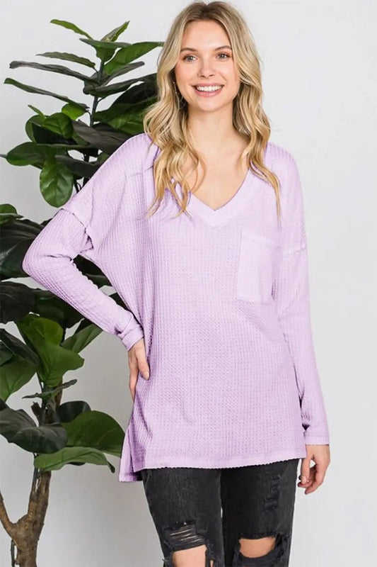 Women's Long Sleeve Tee - Waffle Knit - Soft & Comfy V-Neck