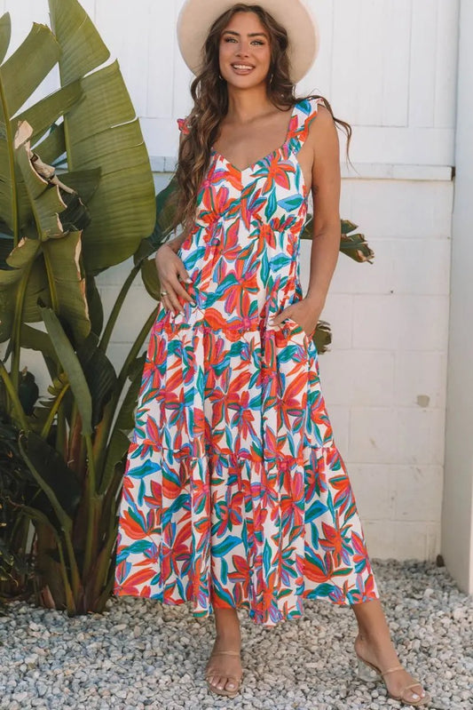Maxi Dress - Red Floral V Neck Ruffle - Summer Beach