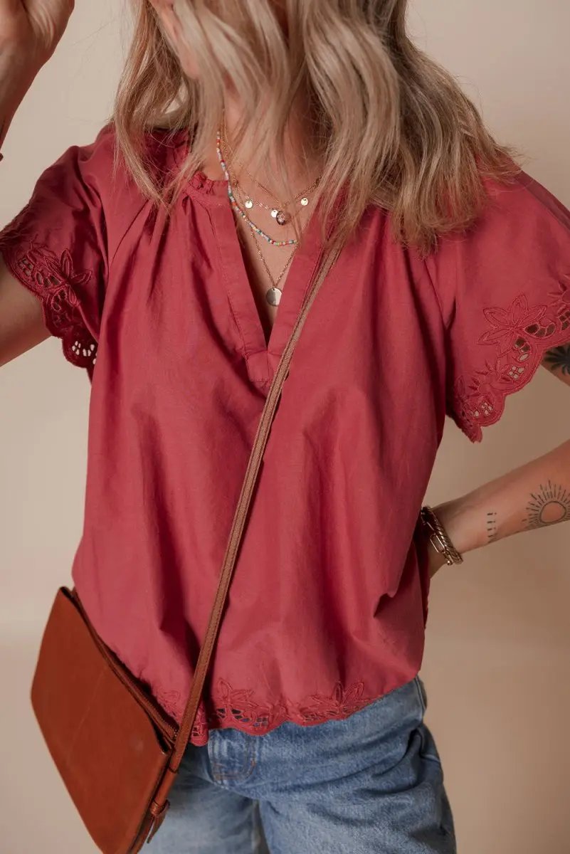 Women's Blouse - Red Floral Embroidery & Scallop Trim - Cute Daily Top