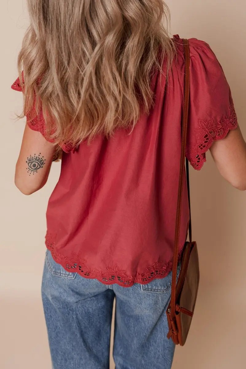 Women's Blouse - Red Floral Embroidery & Scallop Trim - Cute Daily Top