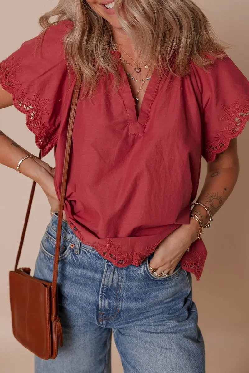 Women's Blouse - Red Floral Embroidery & Scallop Trim - Cute Daily Top