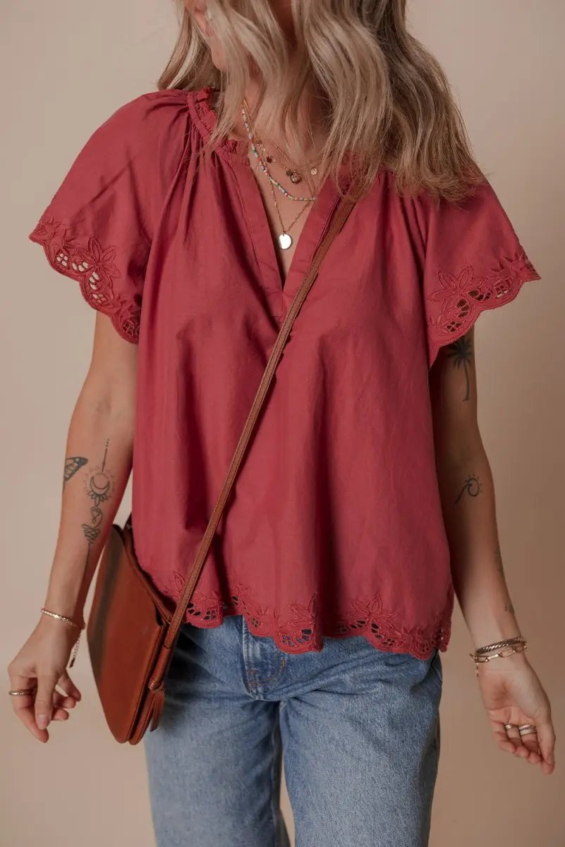 Women's Blouse - Red Floral Embroidery & Scallop Trim - Cute Daily Top