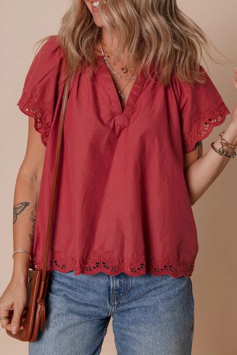 Women's Blouse - Red Floral Embroidery & Scallop Trim - Cute Daily Top