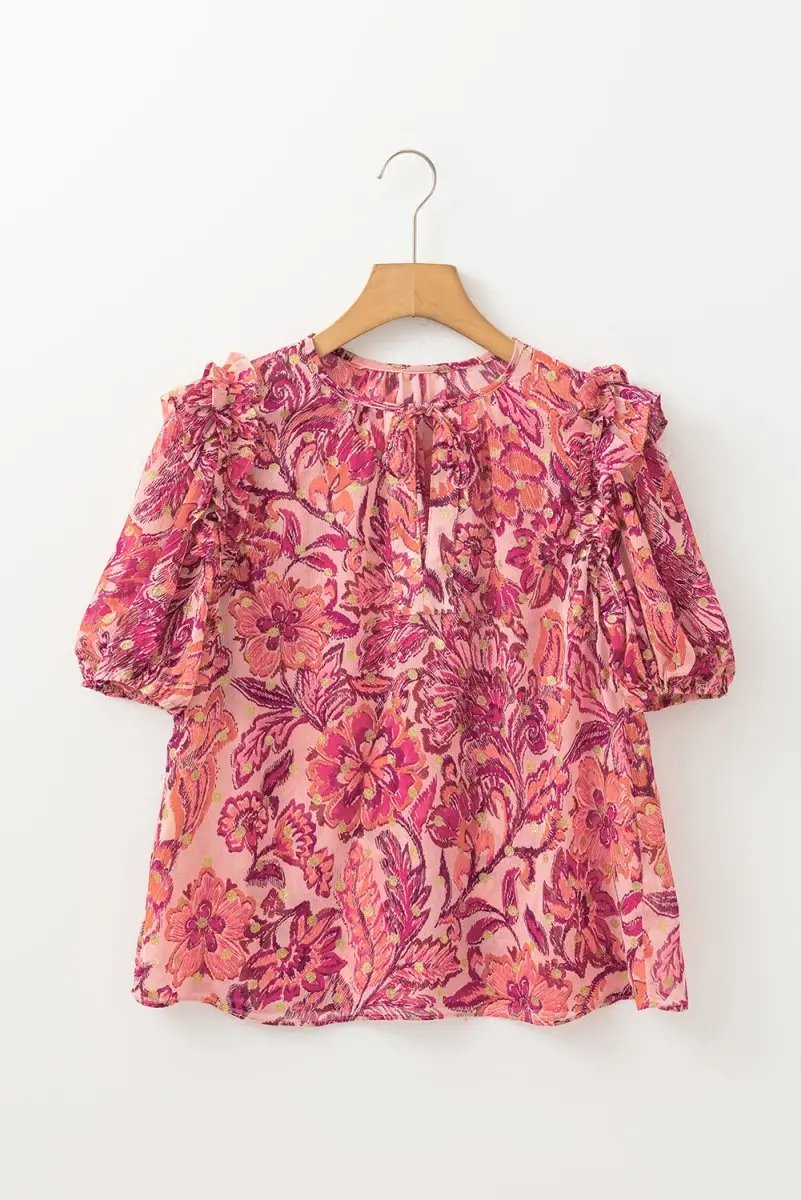 Love Salve Red Floral Blouse Women's Casual Top: Ruffled, Puff Sleeve