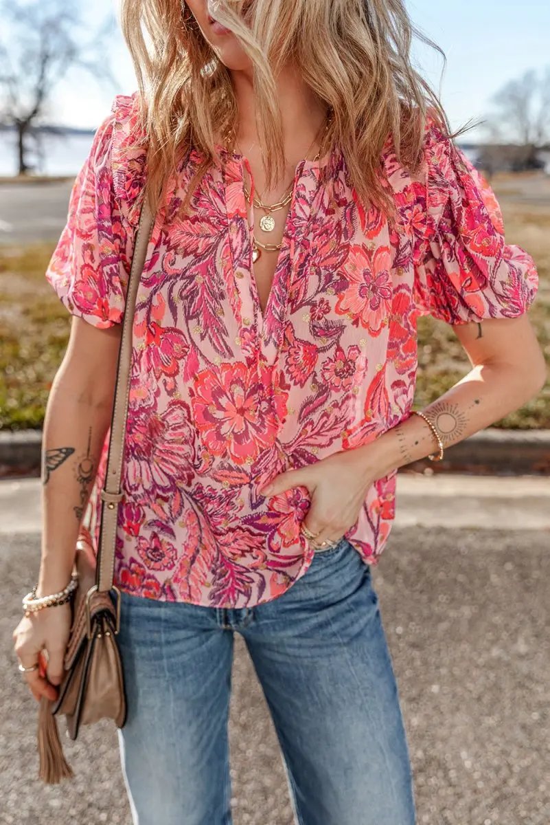 Love Salve Red Floral Blouse Women's Casual Top: Ruffled, Puff Sleeve