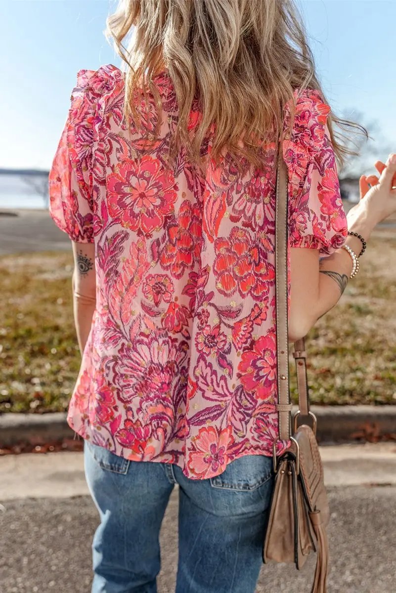 Love Salve Red Floral Blouse Women's Casual Top: Ruffled, Puff Sleeve