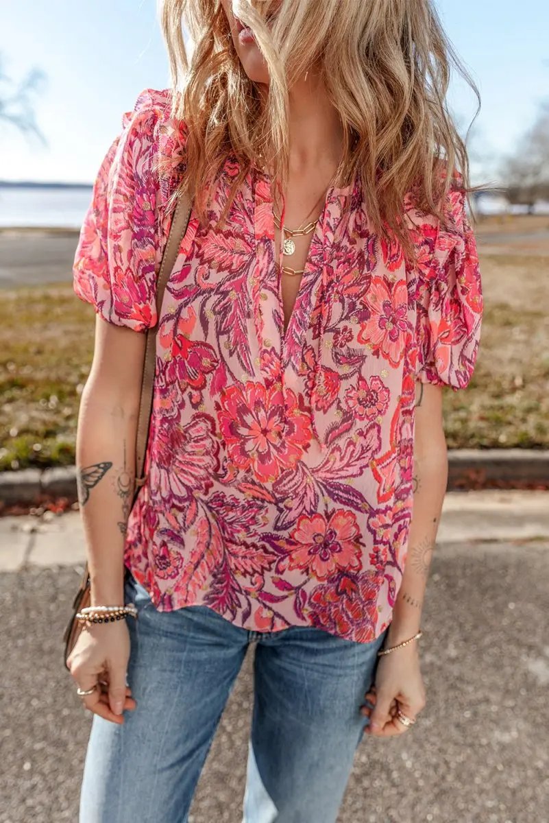 Love Salve Red Floral Blouse Women's Casual Top: Ruffled, Puff Sleeve