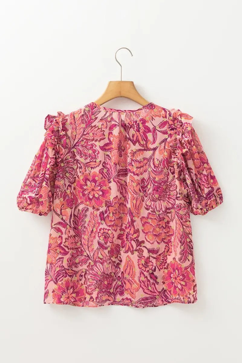 Love Salve Red Floral Blouse Women's Casual Top: Ruffled, Puff Sleeve