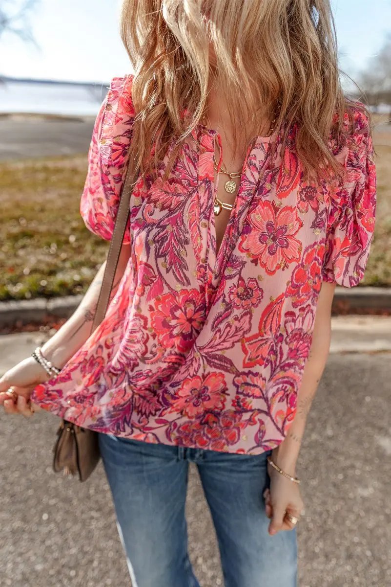 Love Salve Red Floral Blouse Women's Casual Top: Ruffled, Puff Sleeve