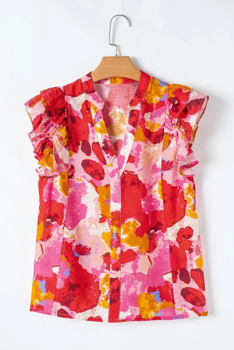 Love Salve Red Ruffle Blouse Women's Daily Abstract Print Southern Belle Top: Summer Ready