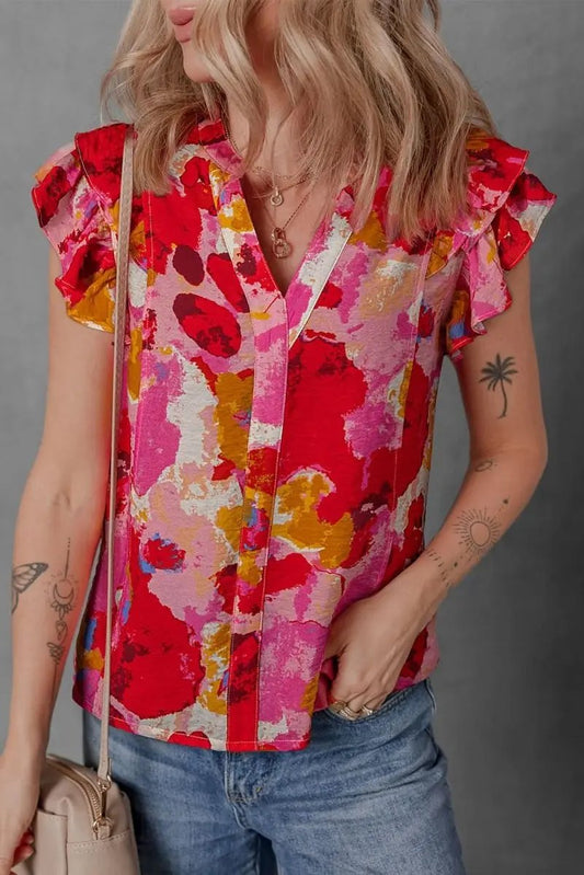 Love Salve Red Ruffle Blouse Women's Daily Abstract Print Southern Belle Top: Summer Ready