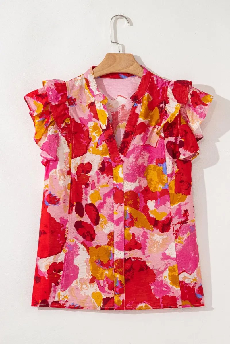 Love Salve Red Ruffle Blouse Women's Daily Abstract Print Southern Belle Top: Summer Ready