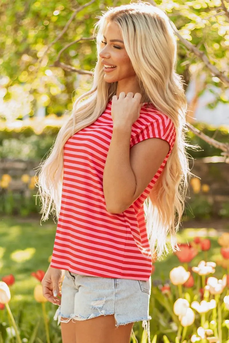 Love Salve Red Stripe Ribbed Tee Women's Daily Casual Top: Soft & Stylish