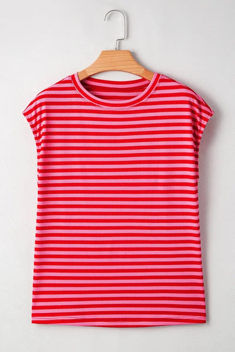 Love Salve Red Stripe Ribbed Tee Women's Daily Casual Top: Soft & Stylish