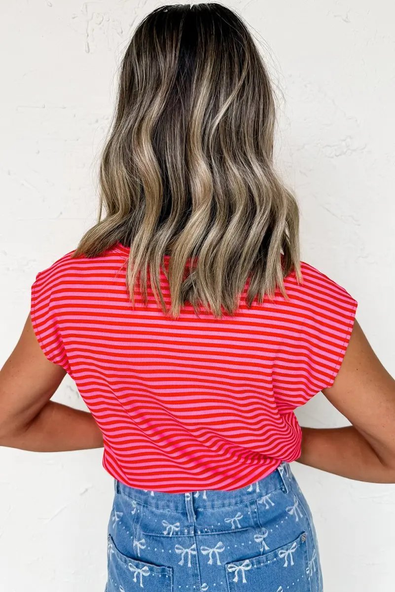 Love Salve Red Stripe Ribbed Tee Women's Daily Casual Top: Soft & Stylish