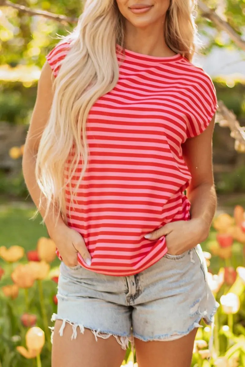 Love Salve Red Stripe Ribbed Tee Women's Daily Casual Top: Soft & Stylish