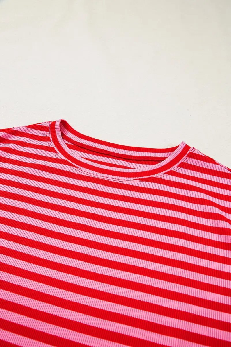 Love Salve Red Stripe Ribbed Tee Women's Daily Casual Top: Soft & Stylish