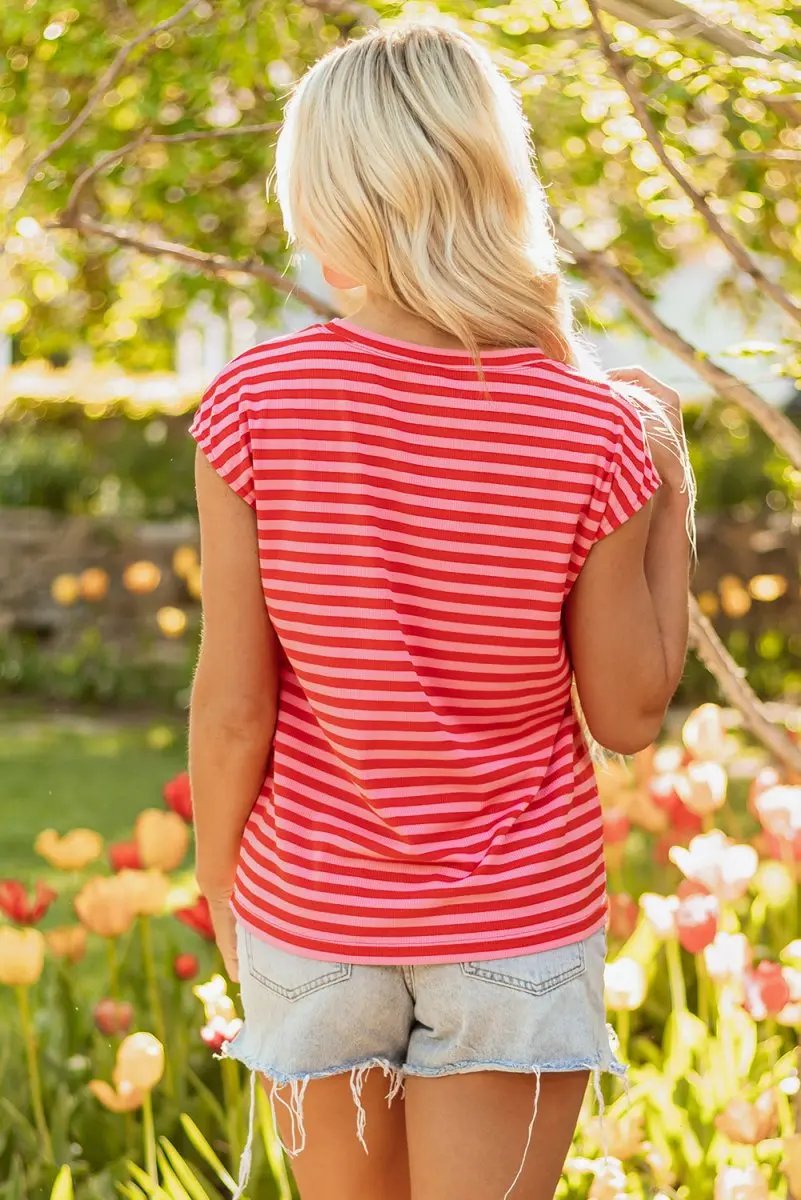 Love Salve Red Stripe Ribbed Tee Women's Daily Casual Top: Soft & Stylish