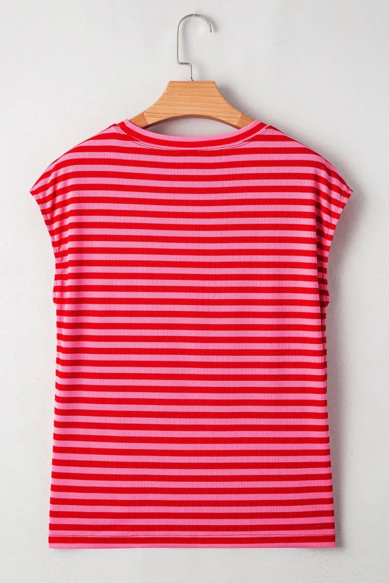 Love Salve Red Stripe Ribbed Tee Women's Daily Casual Top: Soft & Stylish