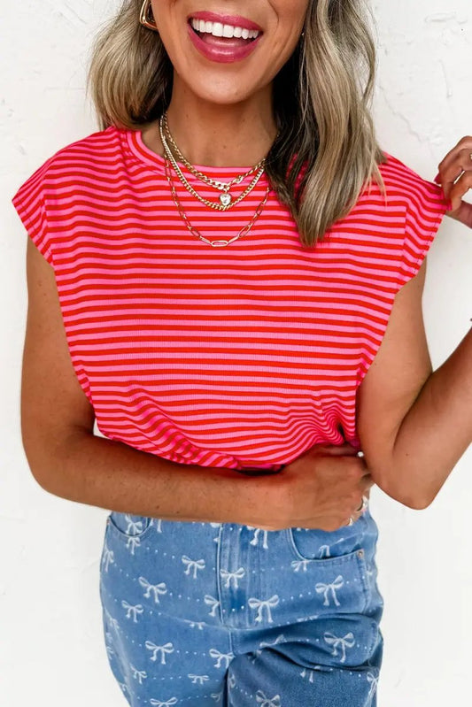 Love Salve Red Stripe Ribbed Tee Women's Daily Casual Top: Soft & Stylish