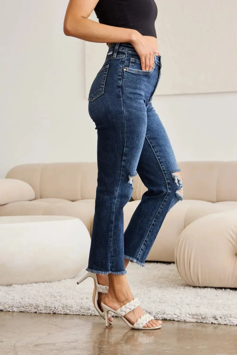 Trendsi Distressed Jeans Women's Tummy Control Denim Everyday Wear Slimming Fit