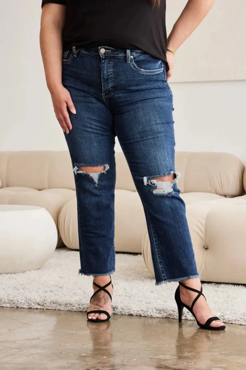 Trendsi Distressed Jeans Women's Tummy Control Denim Everyday Wear Slimming Fit