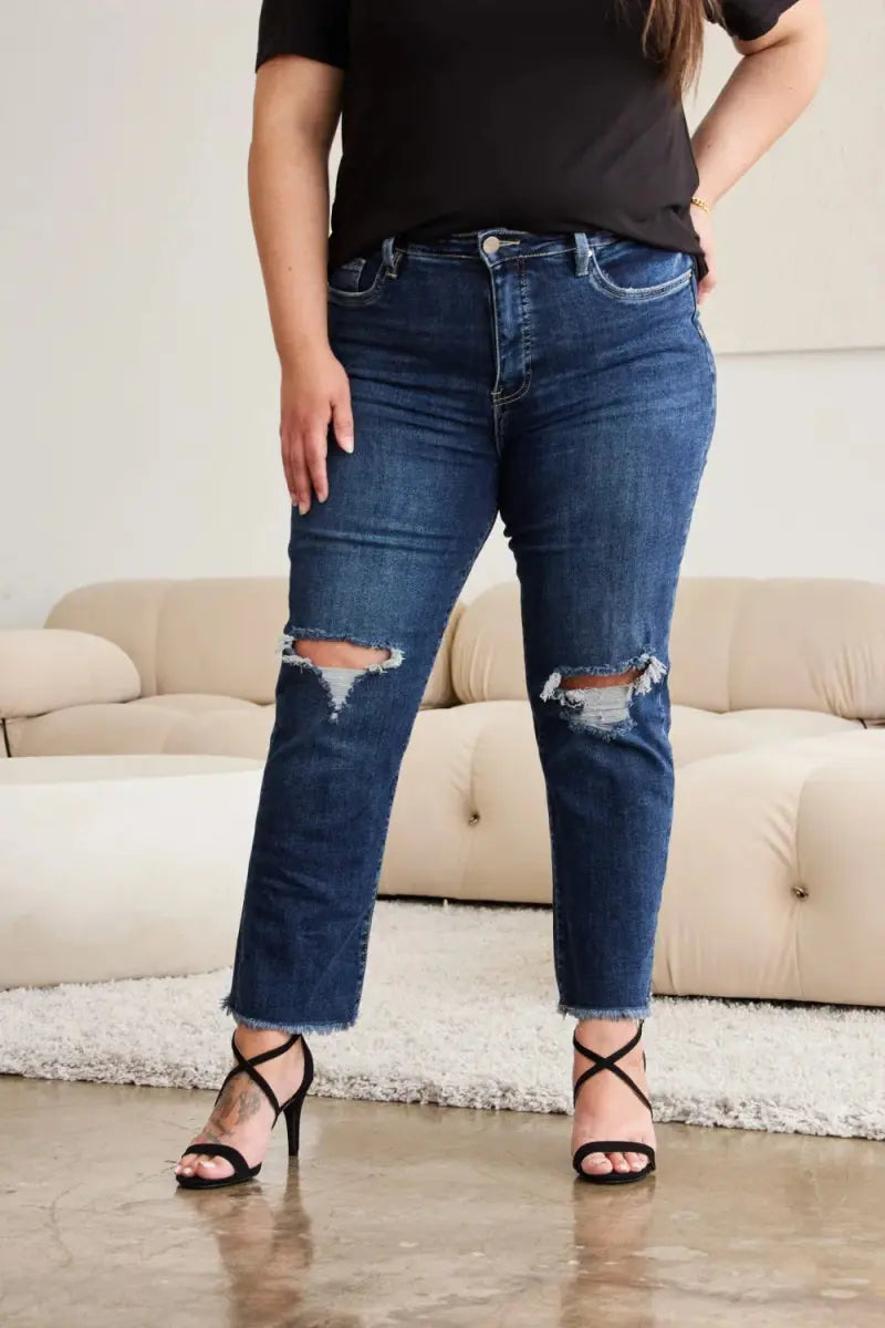 Trendsi Distressed Jeans Women's Tummy Control Denim Everyday Wear Slimming Fit