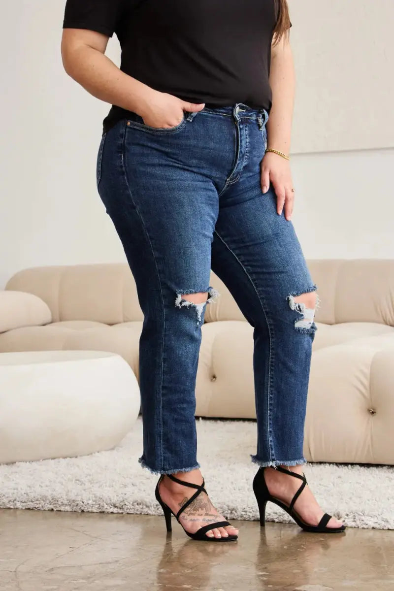 Trendsi Distressed Jeans Women's Tummy Control Denim Everyday Wear Slimming Fit