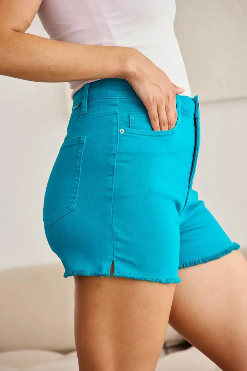 Denim Shorts - Tummy Control - High Waist Raw Hem