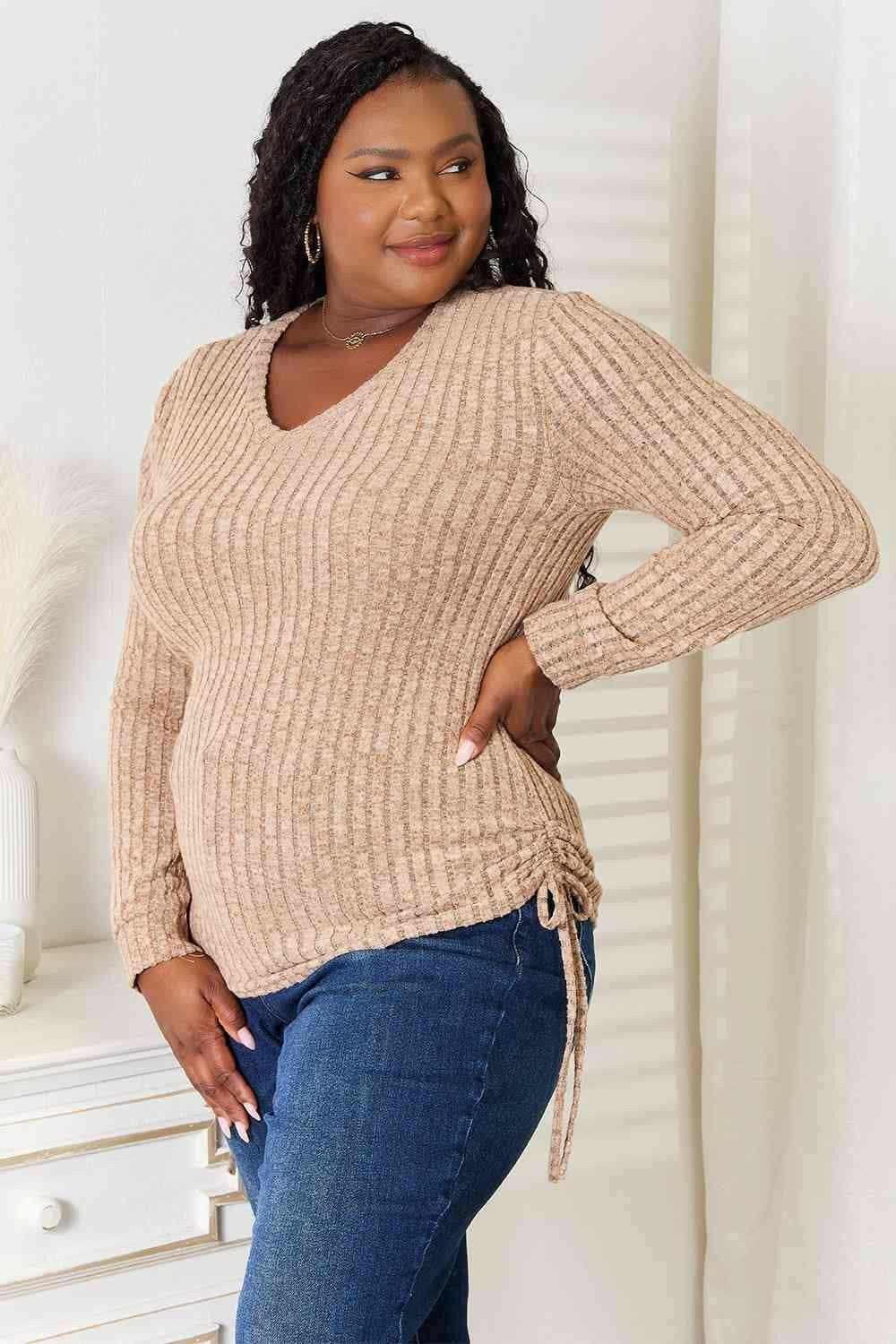 Ribbed Top - Drawstring Detail - Casual Fashion