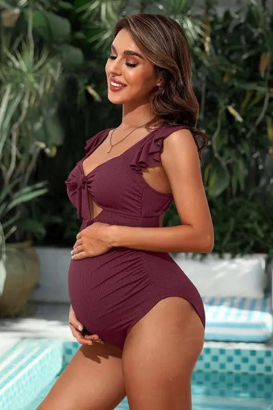 Maternity Swimsuit - Ribbed Ruched Tie Knot Cutout - One-Piece