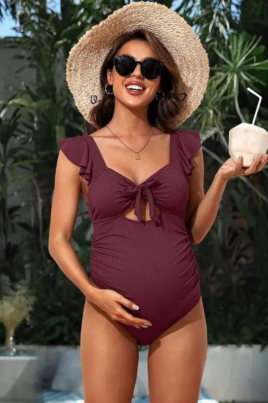 Maternity Swimsuit - Ribbed Ruched Tie Knot Cutout - One-Piece
