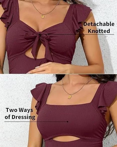 Maternity Swimsuit - Ribbed Ruched Tie Knot Cutout - One-Piece