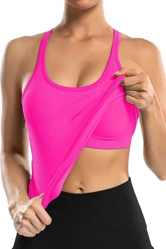 Ribbed Tank Top - Built-In Bra - Workout & Yoga Active Top