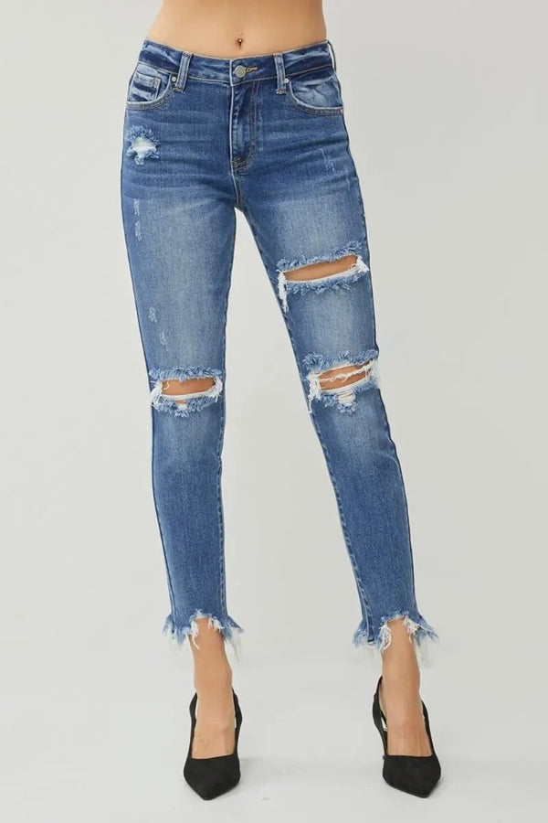 Trendsi RISEN Slim Jeans Women's Everyday Denim Distressed Hem Trendy Style