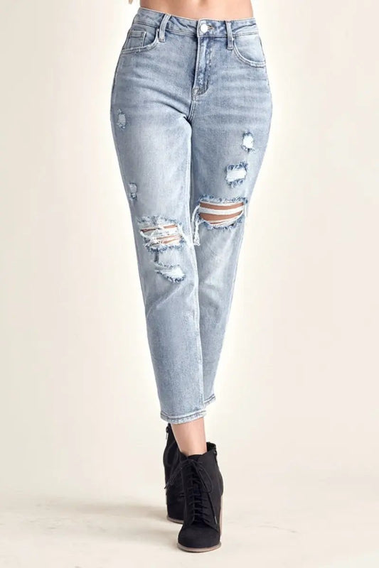 Trendsi RISEN Distressed Jeans Women's Trendy Slim Cropped Denim - USA Ship