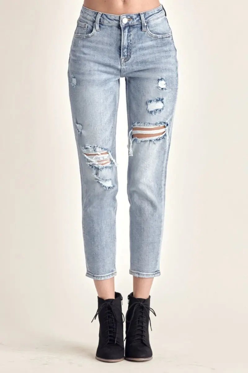 Trendsi RISEN Distressed Jeans Women's Trendy Slim Cropped Denim - USA Ship