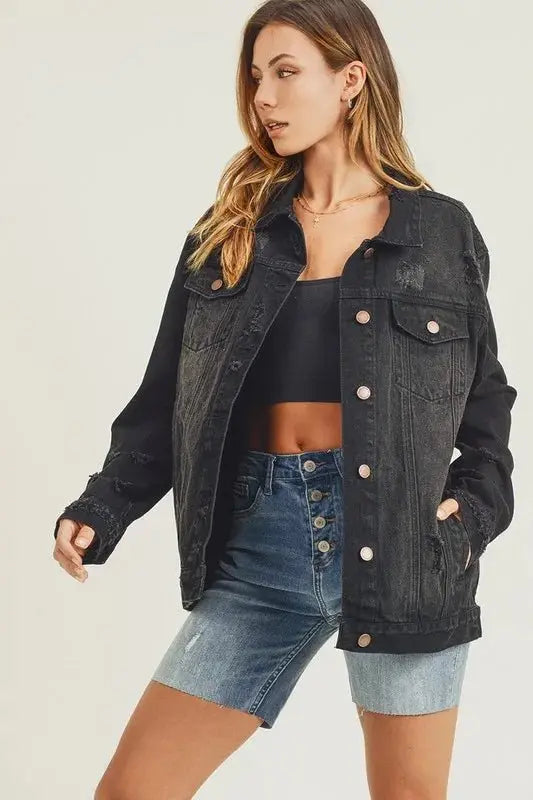 Trendsi Distressed Denim Jacket Women's Everyday Layering Jean Jacket - Long Sleeve