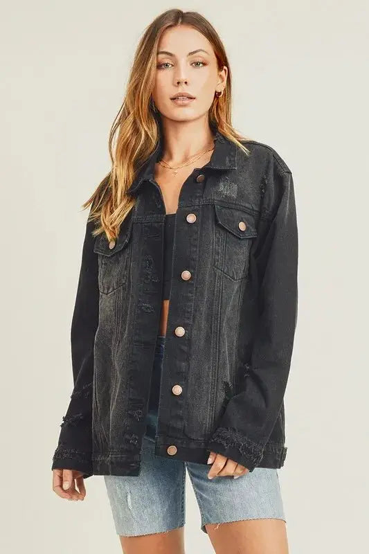 Trendsi Distressed Denim Jacket Women's Everyday Layering Jean Jacket - Long Sleeve